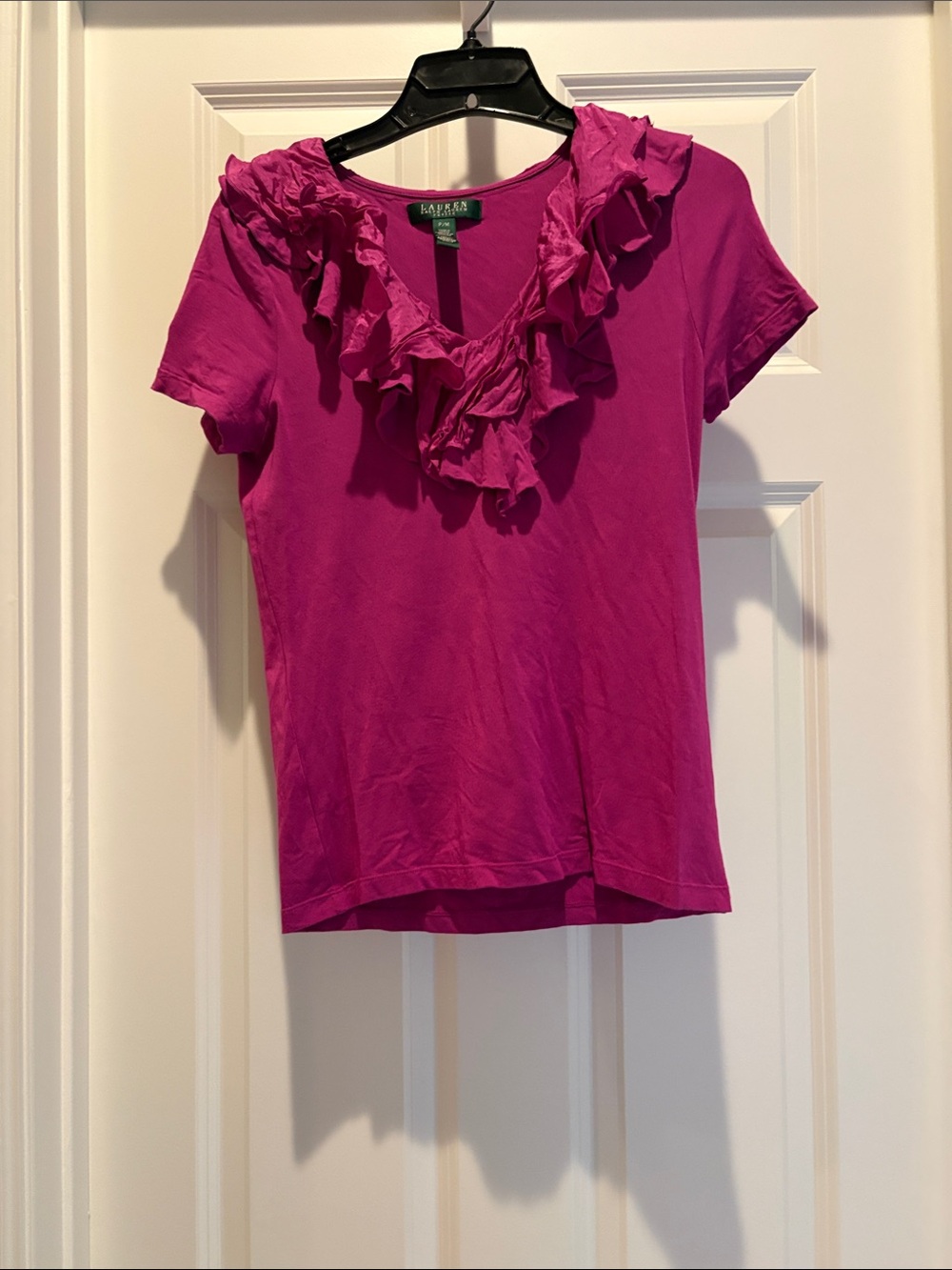 Lauren Ralph Lauren Magenta Ruffle V-Neck Short Sleeve Top-96% rayon 4% elastane